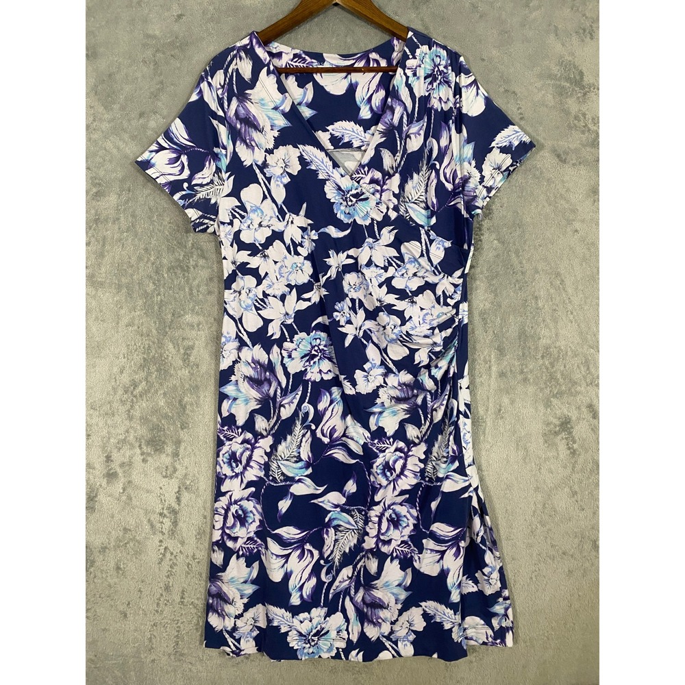 Soft Surroundings Dress XL Blue Purple Floral Faux Wrap Ruched Stretch Coastal